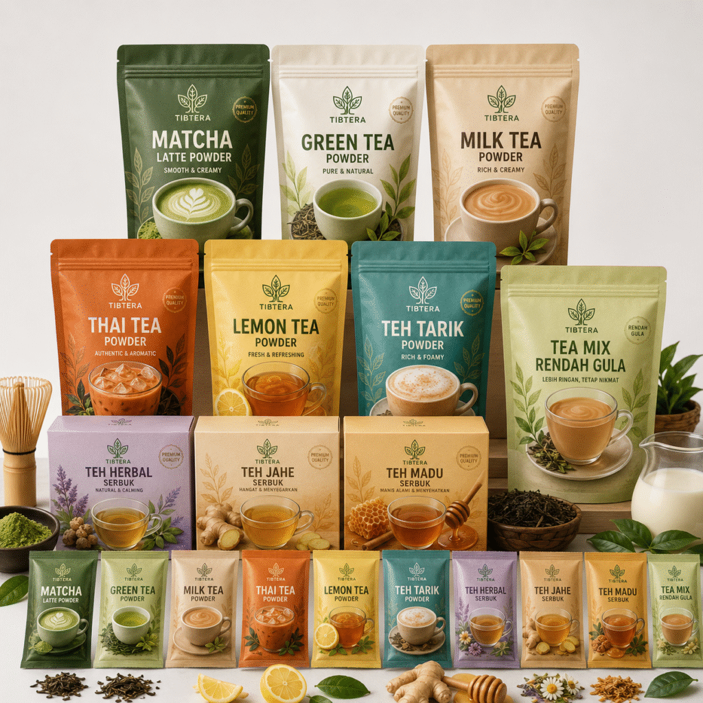 variasi minuman serbuk matcha dan teh